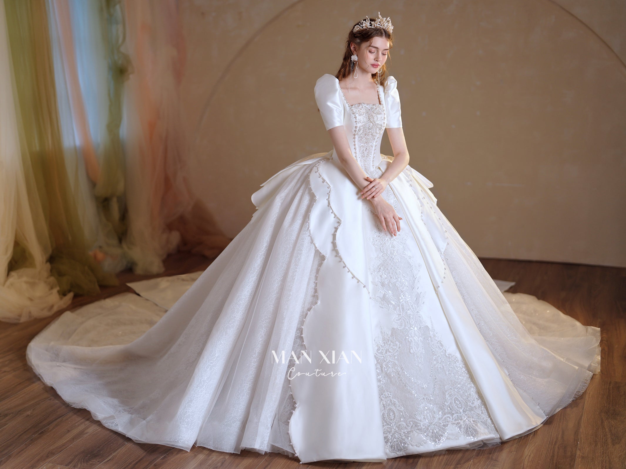 Regal Puff-Sleeve Satin Ball Gown Wedding Dress with Oversized Back Bow & Cathedral Train