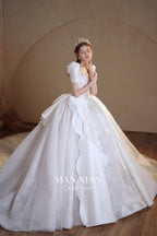 Regal Puff-Sleeve Satin Ball Gown Wedding Dress with Oversized Back Bow & Cathedral Train