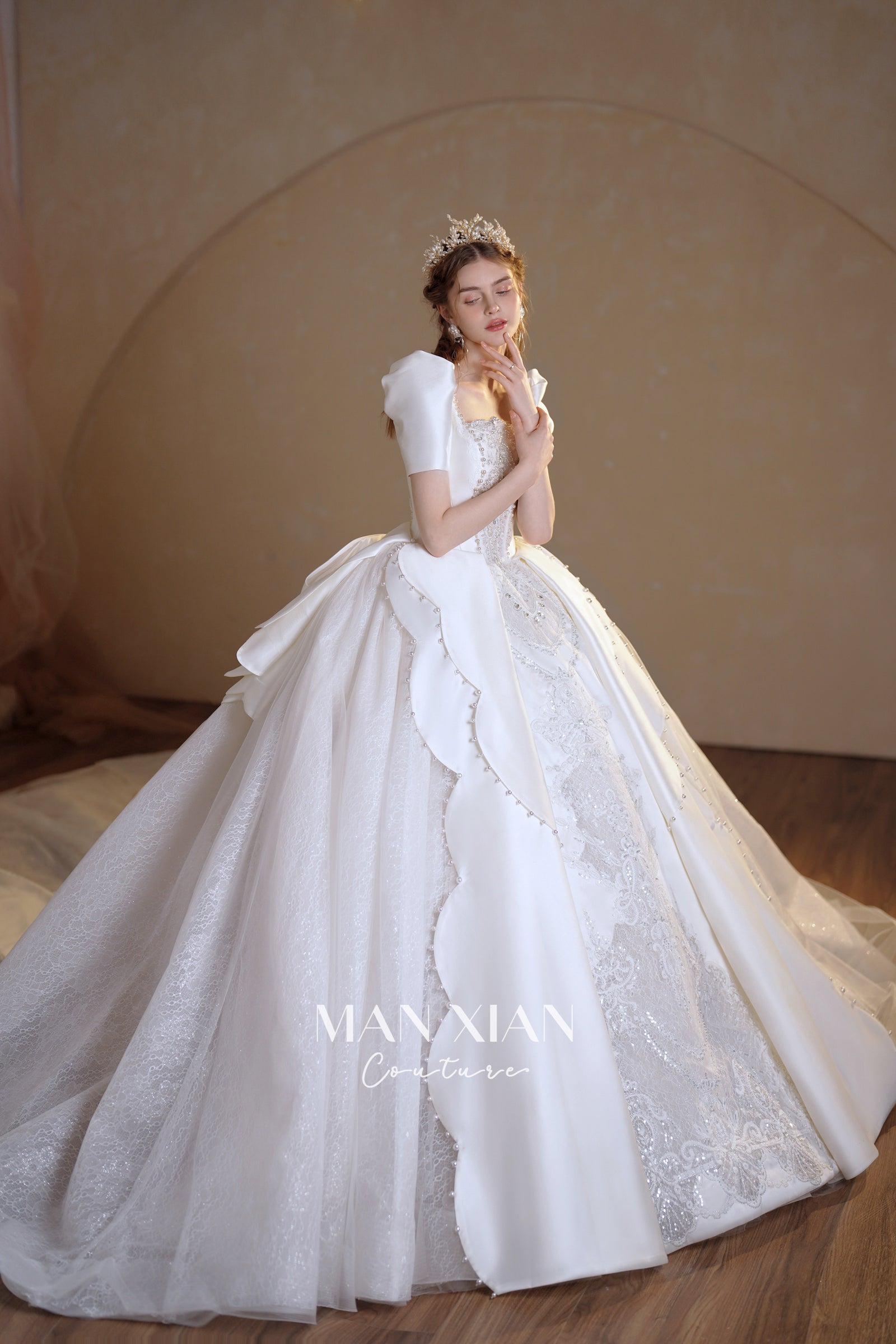 Regal Puff-Sleeve Satin Ball Gown Wedding Dress with Oversized Back Bow & Cathedral Train
