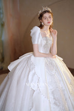 Regal Puff-Sleeve Satin Ball Gown Wedding Dress with Oversized Back Bow & Cathedral Train