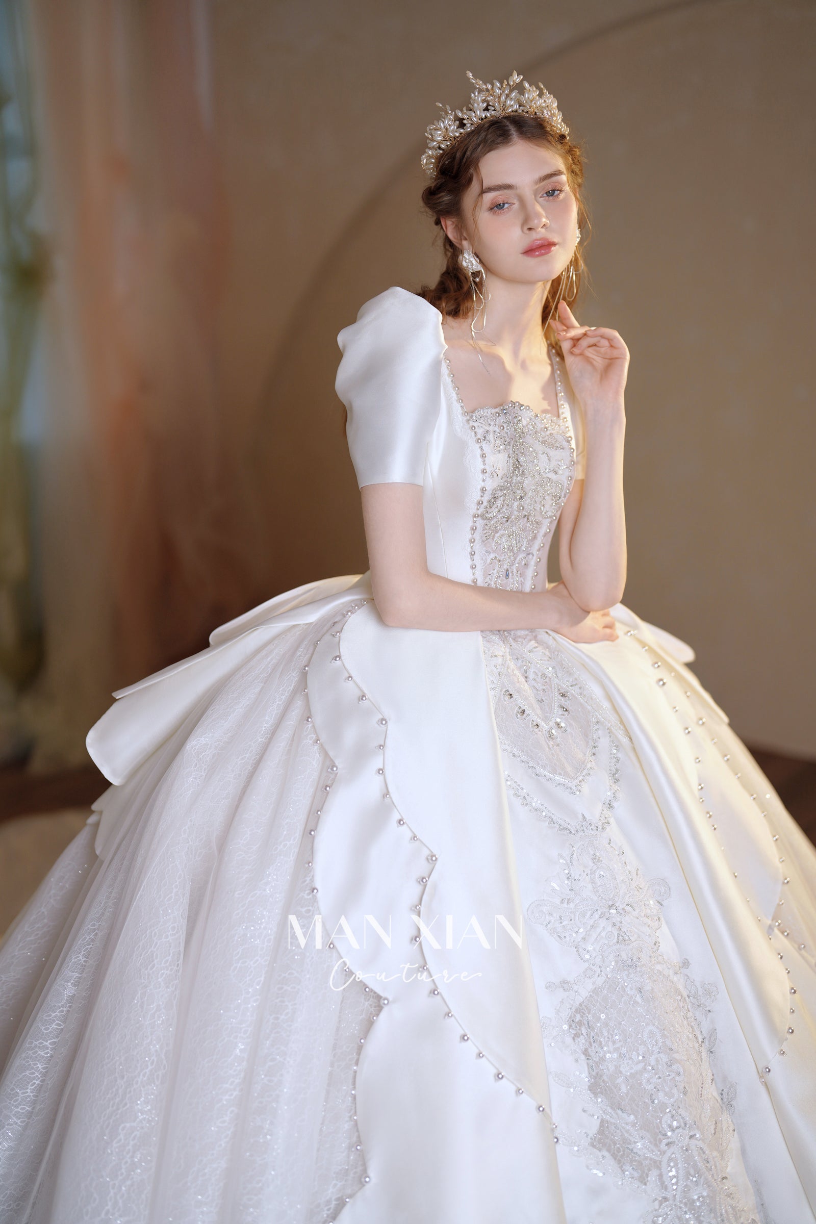 Regal Puff-Sleeve Satin Ball Gown Wedding Dress with Oversized Back Bow & Cathedral Train