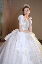 Regal Puff-Sleeve Satin Ball Gown Wedding Dress with Oversized Back Bow & Cathedral Train