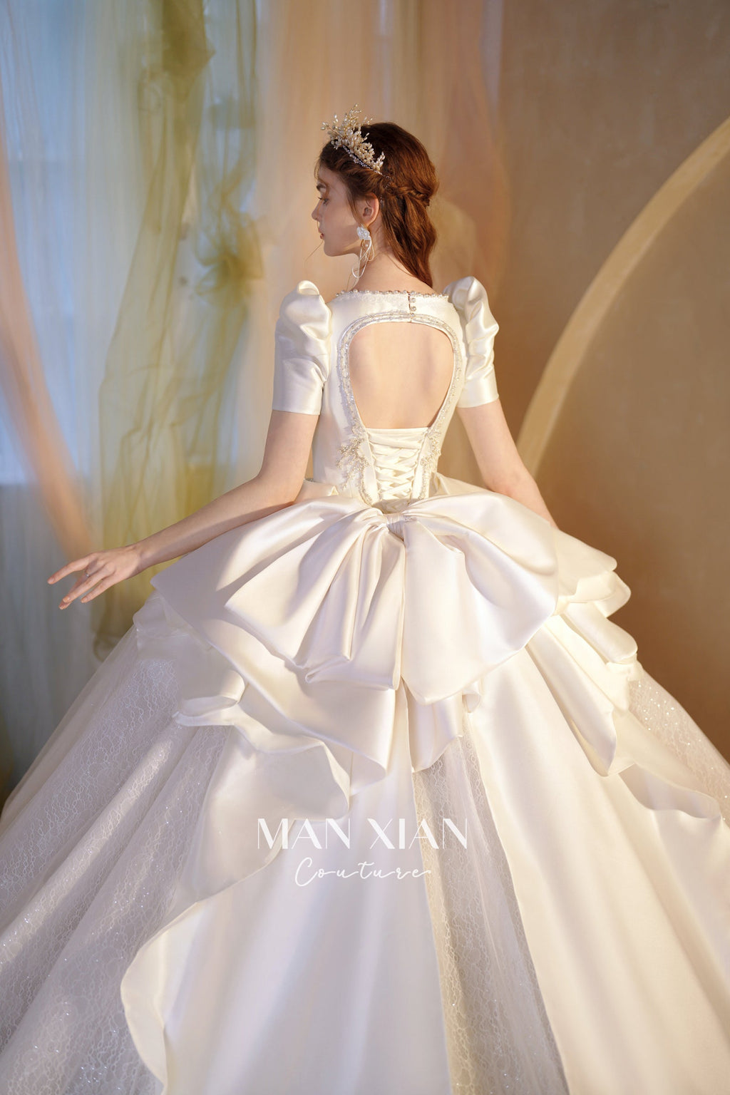 Regal Puff-Sleeve Satin Ball Gown Wedding Dress with Oversized Back Bow & Cathedral Train