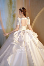 Regal Puff-Sleeve Satin Ball Gown Wedding Dress with Oversized Back Bow & Cathedral Train