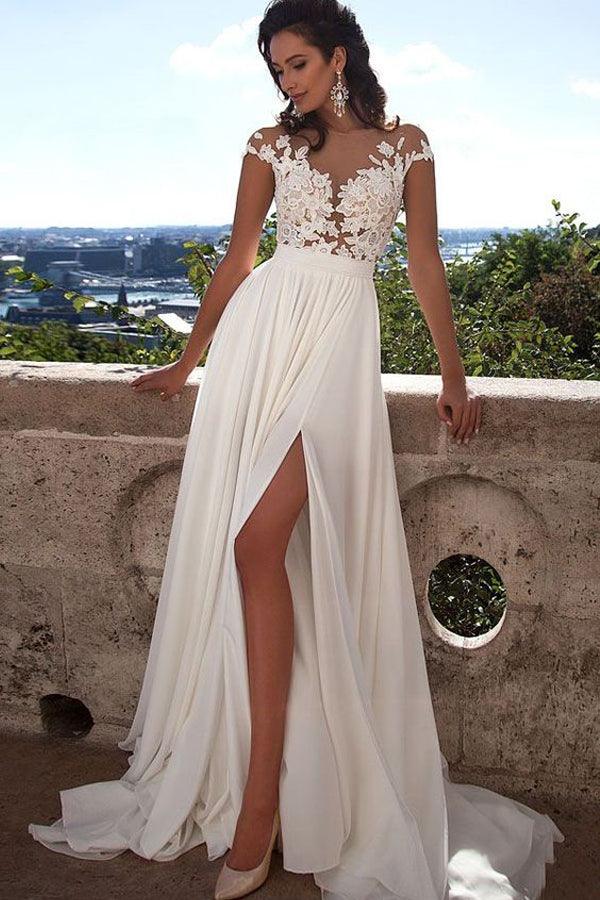 Top lace Appliques Side Slit Chiffon Party Evening Prom Dresses