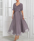A-Line/Princess Chiffon V Neck Short Sleeves  Mother of the Bride Dresses with Lace Jacket Pleats Appliques