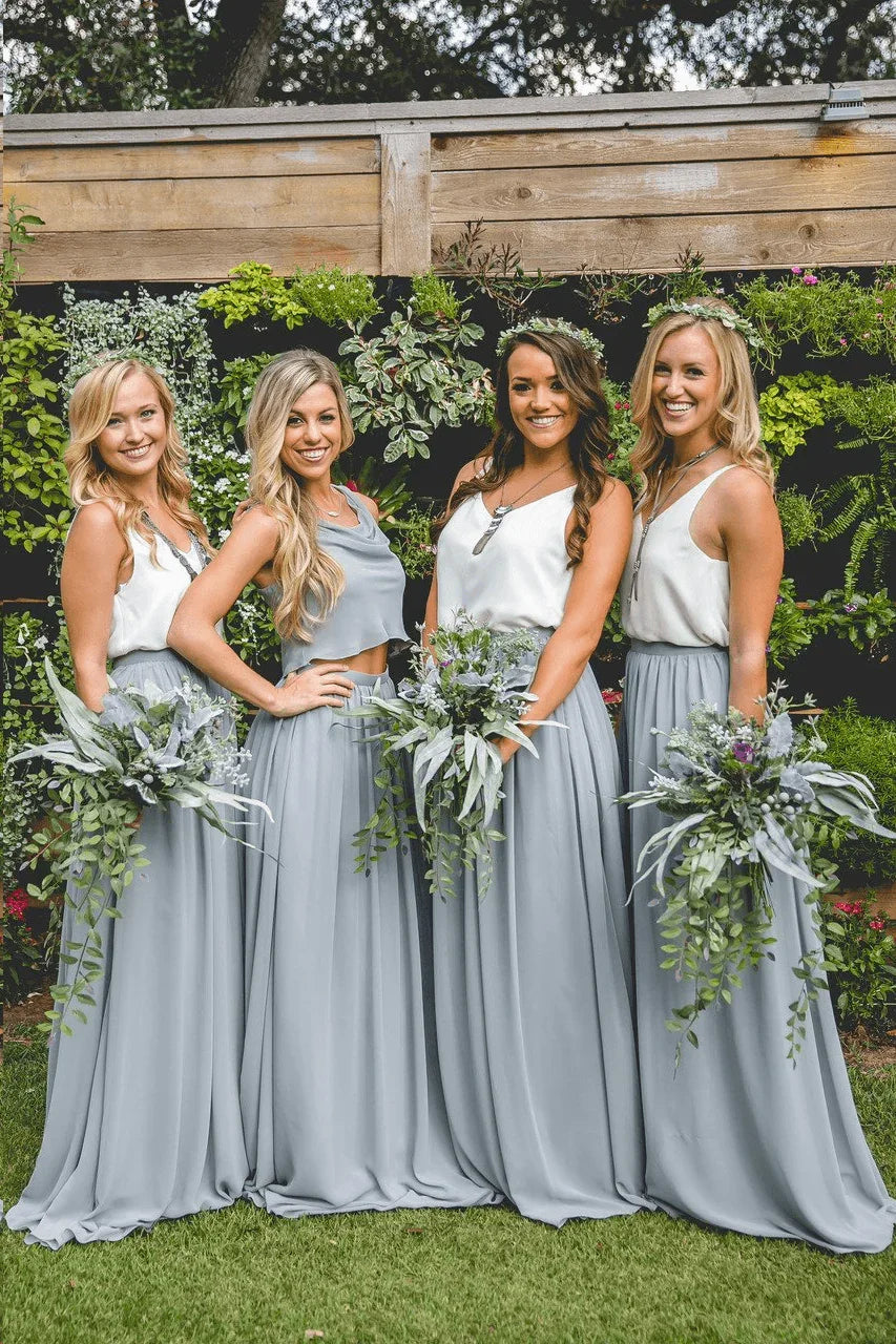 Two Piece A Line Burgundy Long  Bridesmaid Dresses  BD095