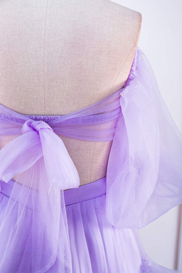Two Piece Lavender Off the Shoulder Ruffles Prom Dress with Slit