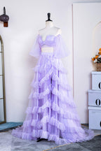 Two Piece Lavender Off the Shoulder Ruffles Prom Dress with Slit