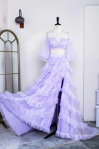Two Piece Lavender Off the Shoulder Ruffles Prom Dress with Slit