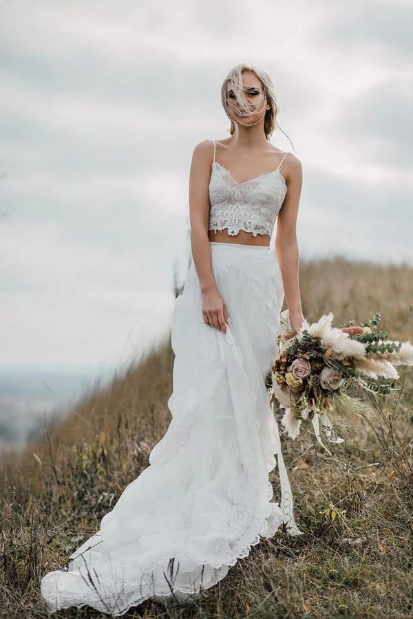 Two Pieces Lace Appliques Spaghetti Straps Wedding Dresses Bridal Gown