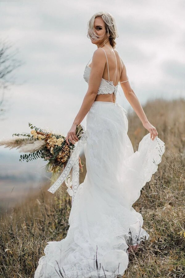Two Pieces Lace Appliques Spaghetti Straps Wedding Dresses Bridal Gown