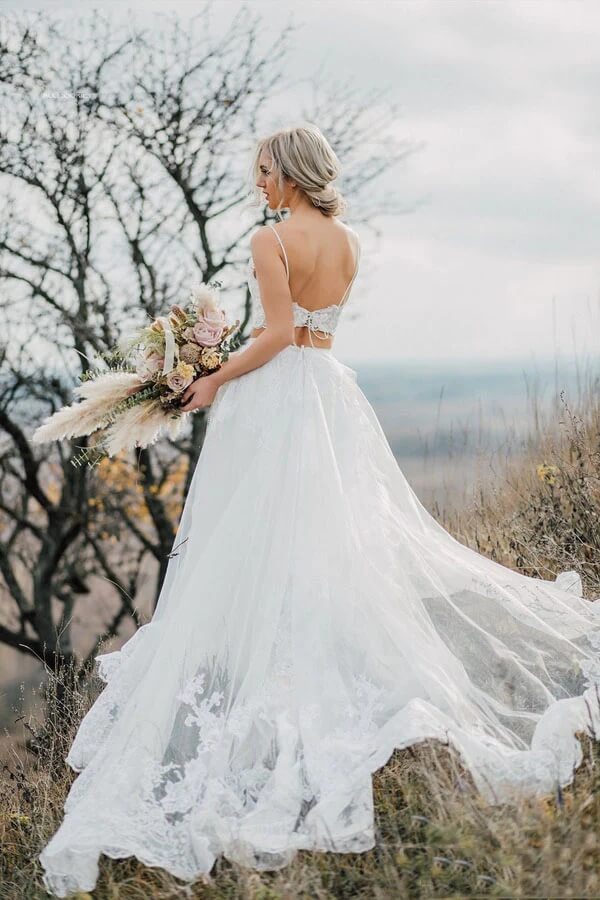 Two Pieces Lace Appliques Spaghetti Straps Wedding Dresses Bridal Gown