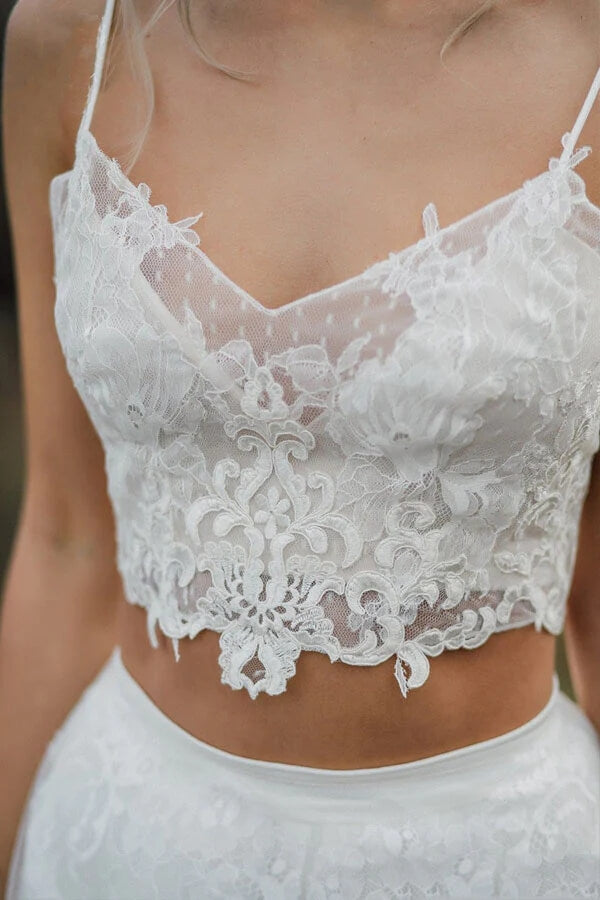 Two Pieces Lace Appliques Spaghetti Straps Wedding Dresses Bridal Gown