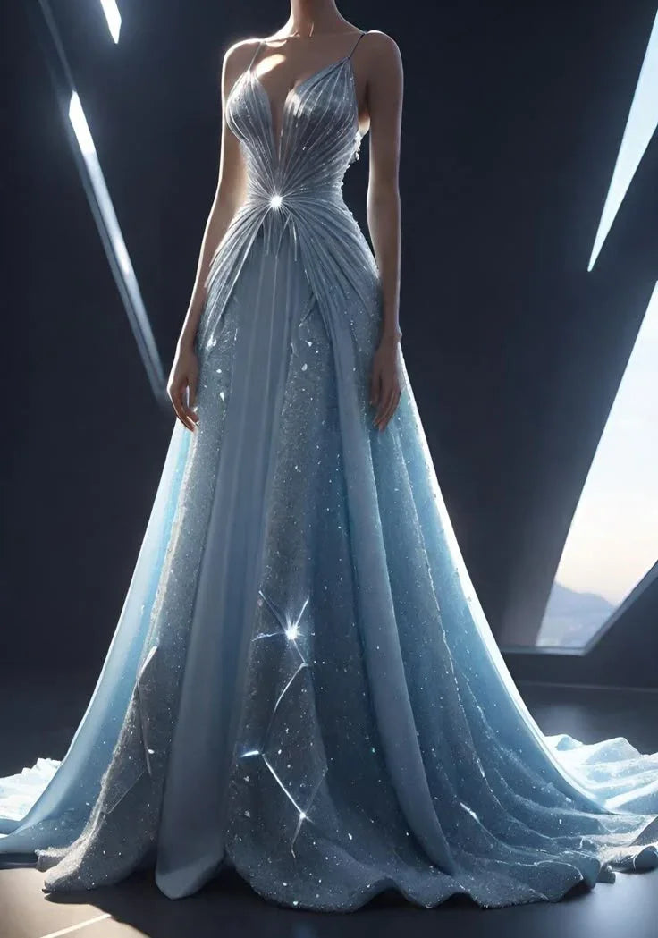 Glamorous Blue Sequins Beaded Evening Dress Formal Long Evening Dress Y8355