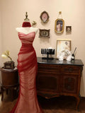 Elegant Strapless Red Tulle Mermaid Evening Dress Formal Prom Dress Y8596