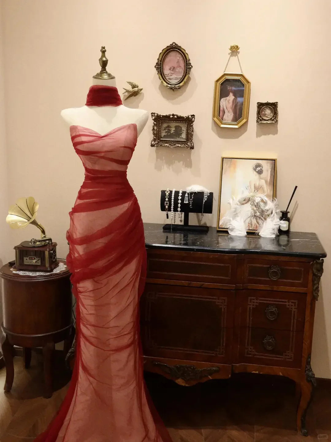 Elegant Strapless Red Tulle Mermaid Evening Dress Formal Prom Dress Y8596