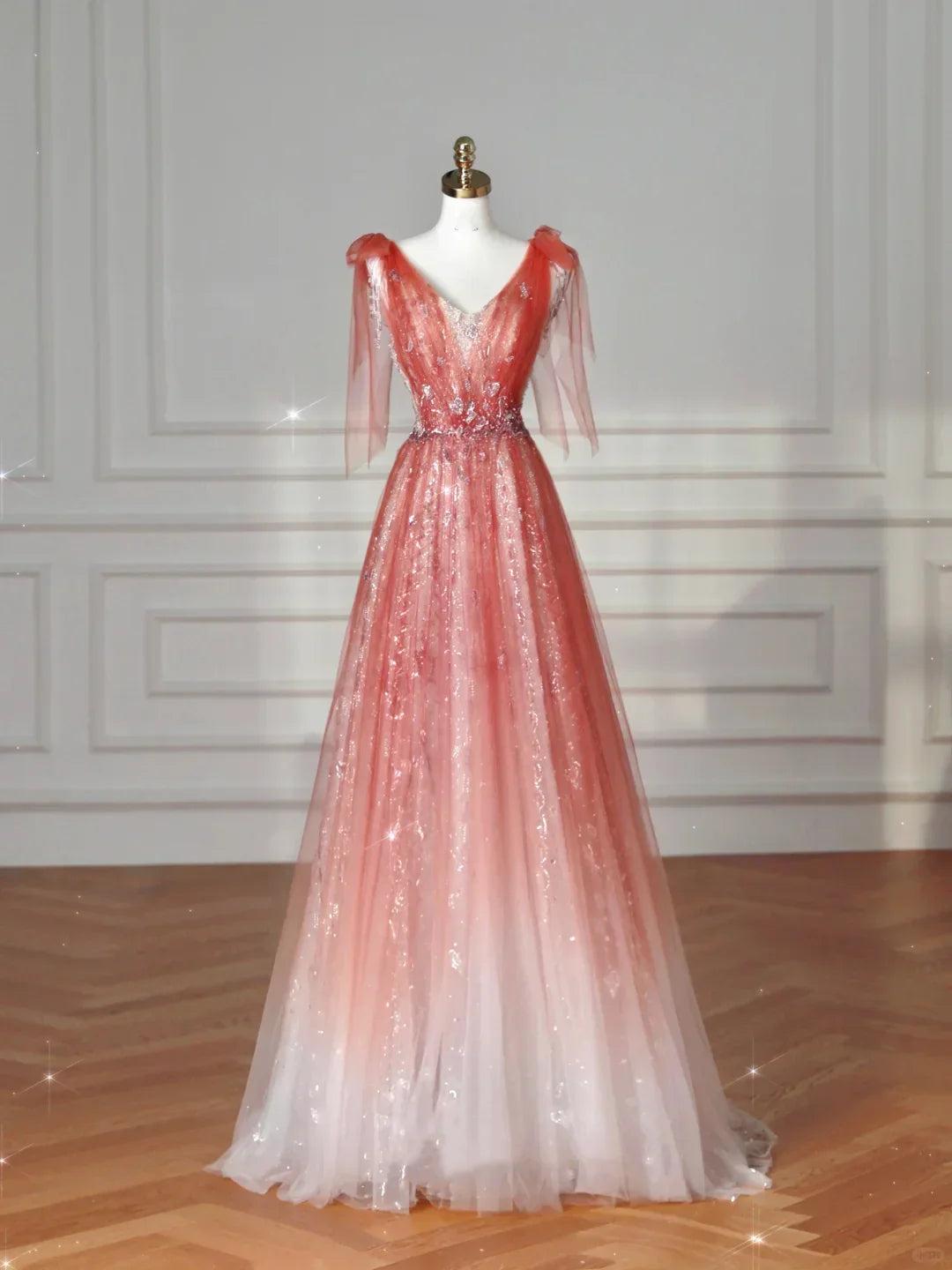 Elegant V Neck Tulle Sequins Prom Dress Strawberry Pink A Line Long Evening Dress Y8614