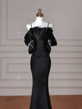 Elegant Black Spaghetti Straps Satin Off The Shoulder Mermaid Evening Dress Prom Dress Y8641