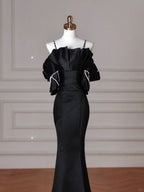Elegant Black Spaghetti Straps Satin Off The Shoulder Mermaid Evening Dress Prom Dress Y8641