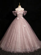 Elegant Pink Tulle Sequins Ball Gown Butterfly Appliques Formal Evening Dress Y7996
