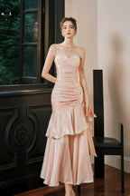 Sweet Pink Sweetheart Straps Mermaid Evening Dress Satin Long Prom Dress Y8092