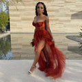 Sleeveless Lace Tulle Ruffle High Slit Plus Size Evening Dress Y42