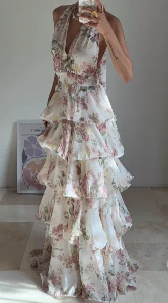 Glamorous Chiffon Print Floral A Line Backless Prom Dress V Neck Halter Layered Evening Dress Y8501
