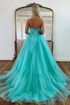 Unique Off Shoulder A-line Mint Green Tulle Prom Long Formal Dress