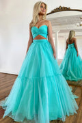 Unique Off Shoulder A-line Mint Green Tulle Prom Long Formal Dress