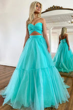 Unique Off Shoulder A-line Mint Green Tulle Prom Long Formal Dress