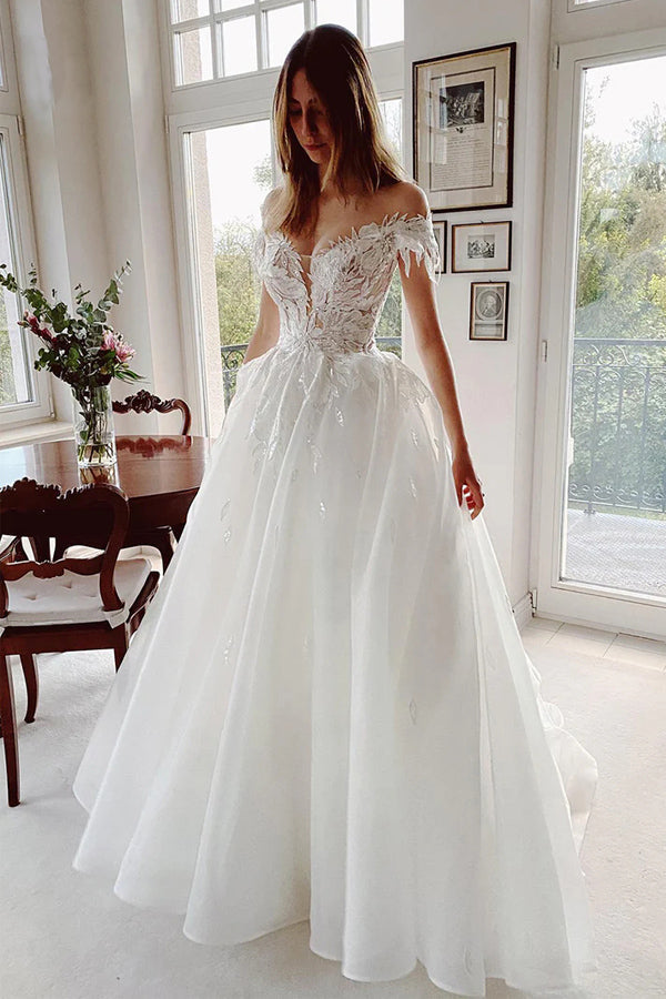 Unique Off The Shoulder Appliques Rustic Lace Wedding Dress