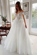 Unique Off The Shoulder Appliques Rustic Lace Wedding Dress