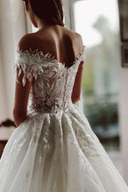 Unique Off The Shoulder Appliques Rustic Lace Wedding Dress