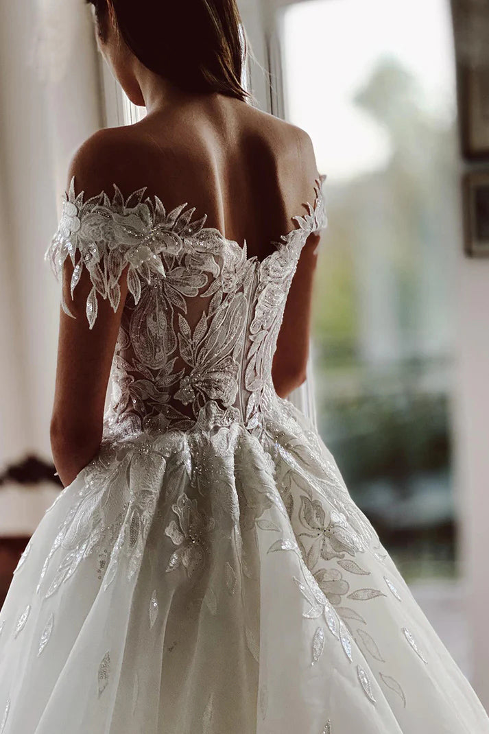 Unique Off The Shoulder Appliques Rustic Lace Wedding Dress