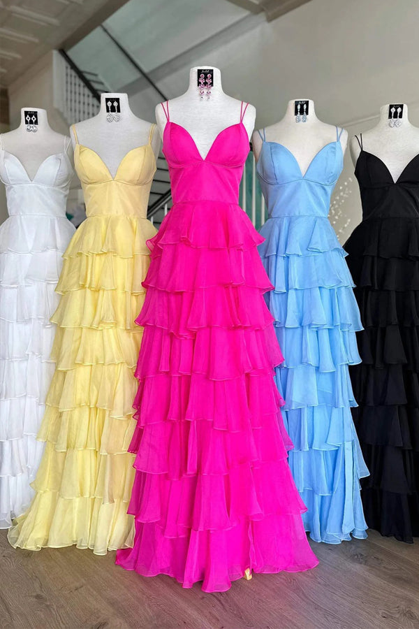 V-Neck Straps Fuchsia Ruffle Chiffon Prom Dress with Slit