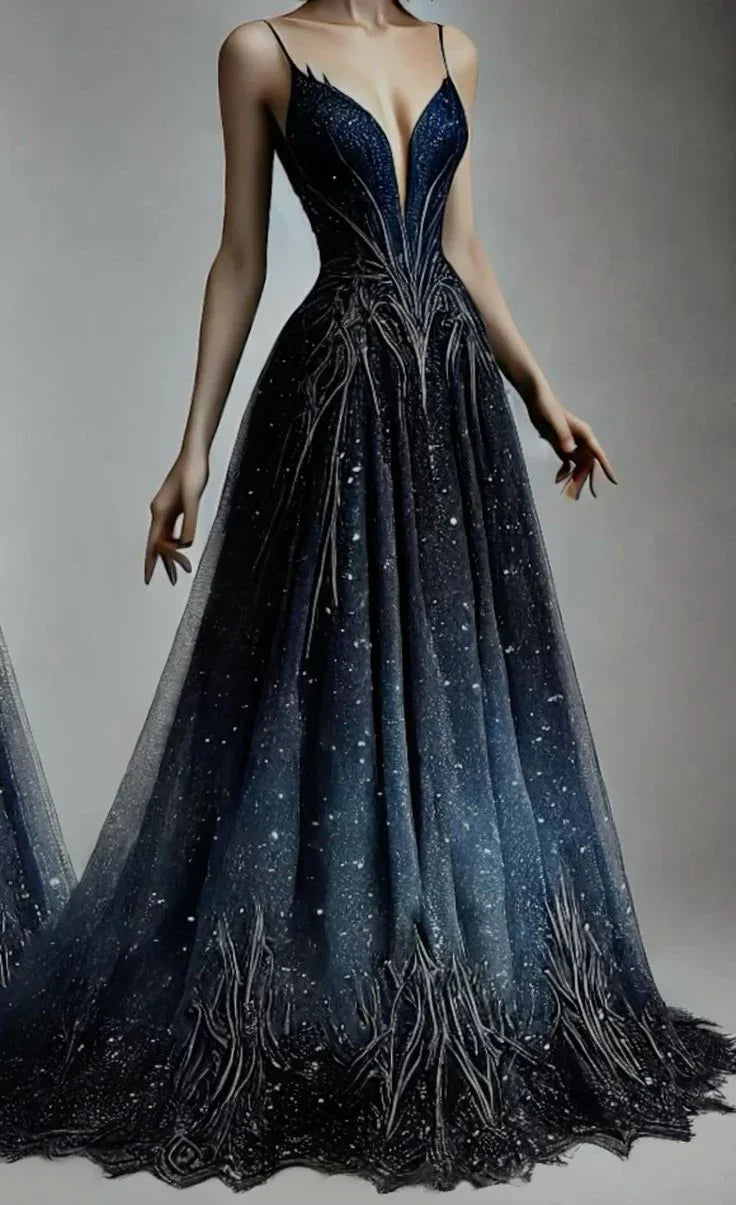 Glitter Navy Blue Sequins Appliques Evening Dress Formal Prom Dress Y8410