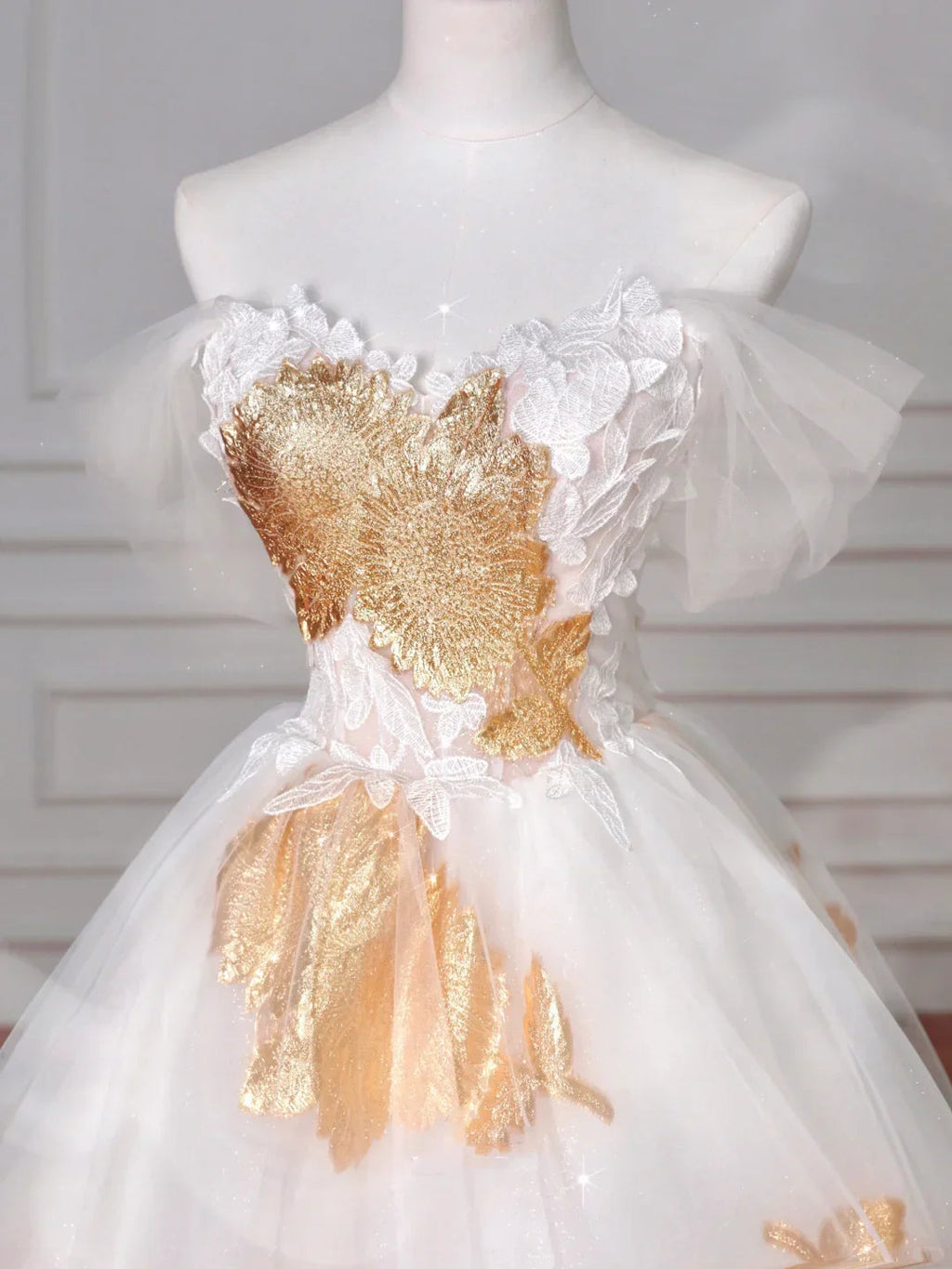 Gorgeous Gold Print Tulle Off The Shoulder Ball Gown A Line Prom Dress Evening Dress Y8618