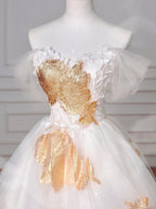 Gorgeous Gold Print Tulle Off The Shoulder Ball Gown A Line Prom Dress Evening Dress Y8618