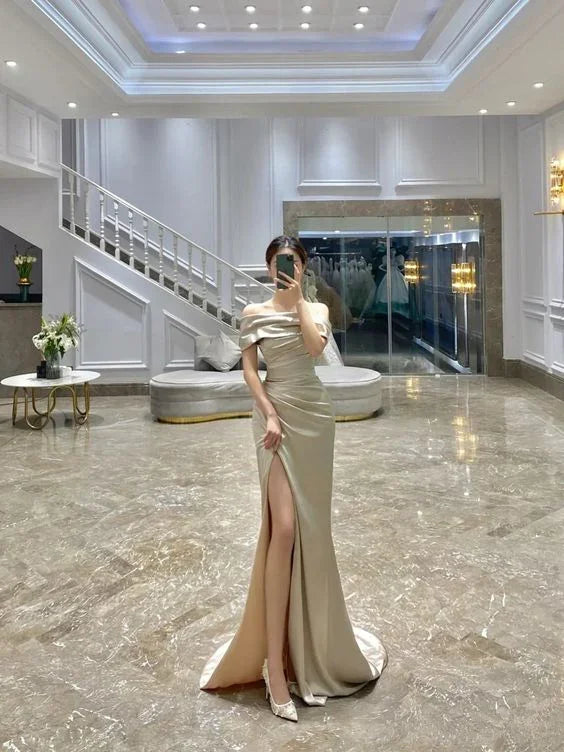 Classy Off The Shoulder Sheath Evening Dress With High Split Y7141