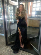 Sexy Black Lace Sequin Slit Mermaid Long Prom Dress Evening Dress Y8055