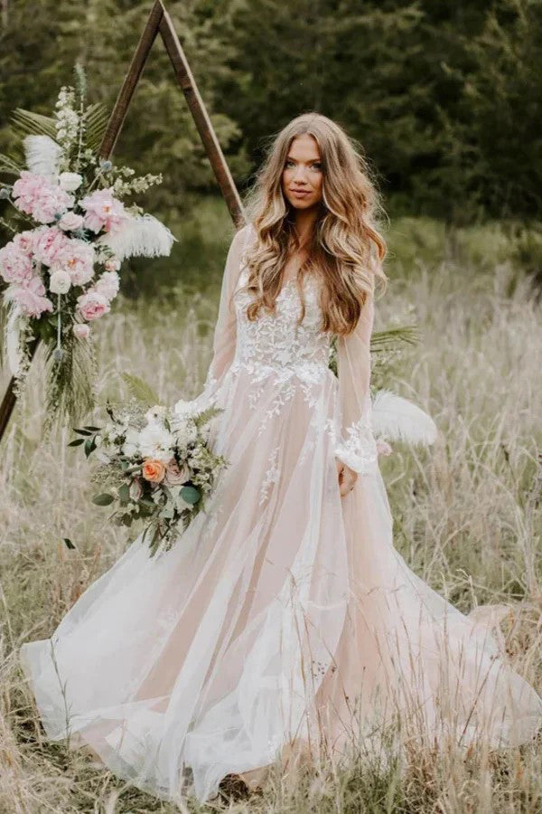 V Neck Long Sleeve Wedding Dress Rustic Wedding Gown