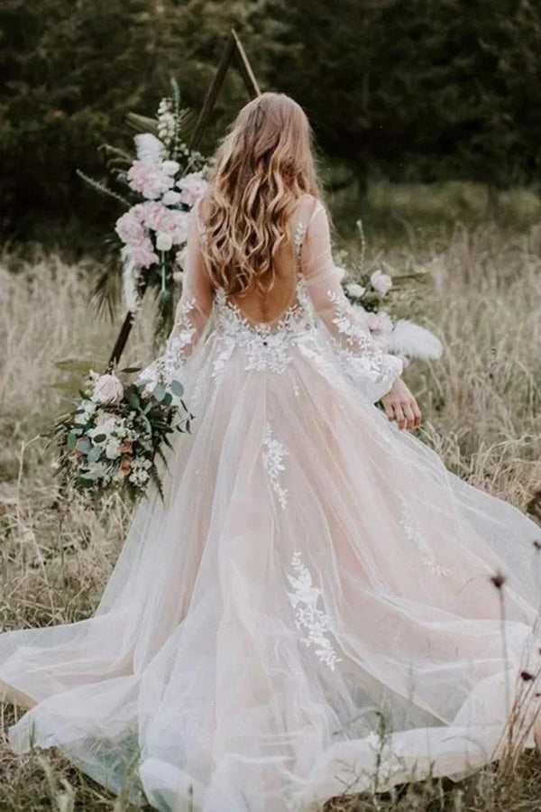 V Neck Long Sleeve Wedding Dress Rustic Wedding Gown