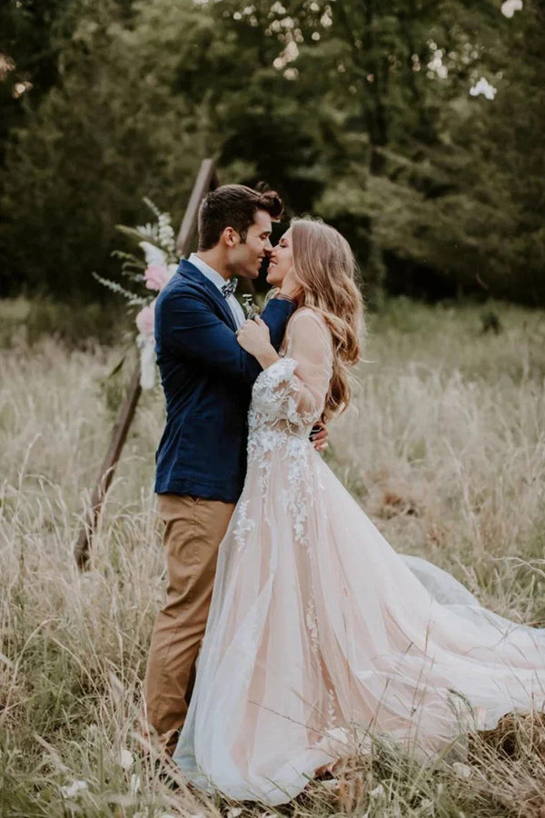 V Neck Long Sleeve Wedding Dress Rustic Wedding Gown