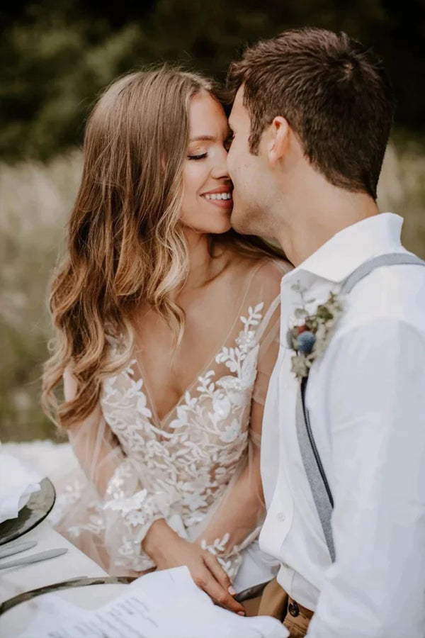 V Neck Long Sleeve Wedding Dress Rustic Wedding Gown