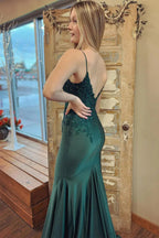 V Neck Satin Mermaid Dark Green Long Prom Dress with Appliques