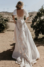 V Neckline Backless Lace Chiffon Bohemian Wedding Dress