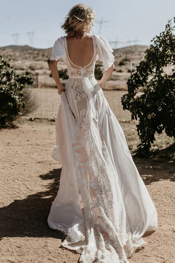 V Neckline Backless Lace Chiffon Bohemian Wedding Dress