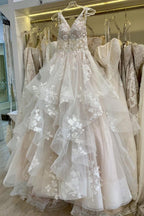 V Neckline Tired Tulle A-line Lace Wedding Dress Floor Length