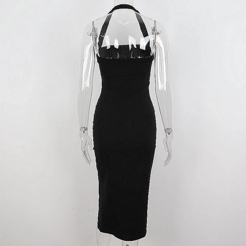 Women's Black Halter Prom Dress With Slit Sexy Black Sleeveless Evening Dress Y1161